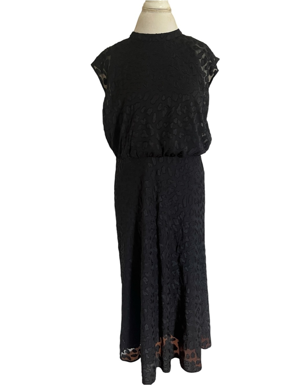 Ann Taylor Black Devore Leopard Print Midi Dress 10 NWOT Mock Neck Cap Sleeve